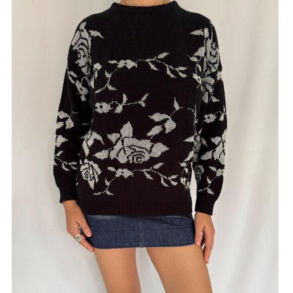 80s vintage black metallic floral print long sleeved knit sweater made in USA - Picture 1 of 9